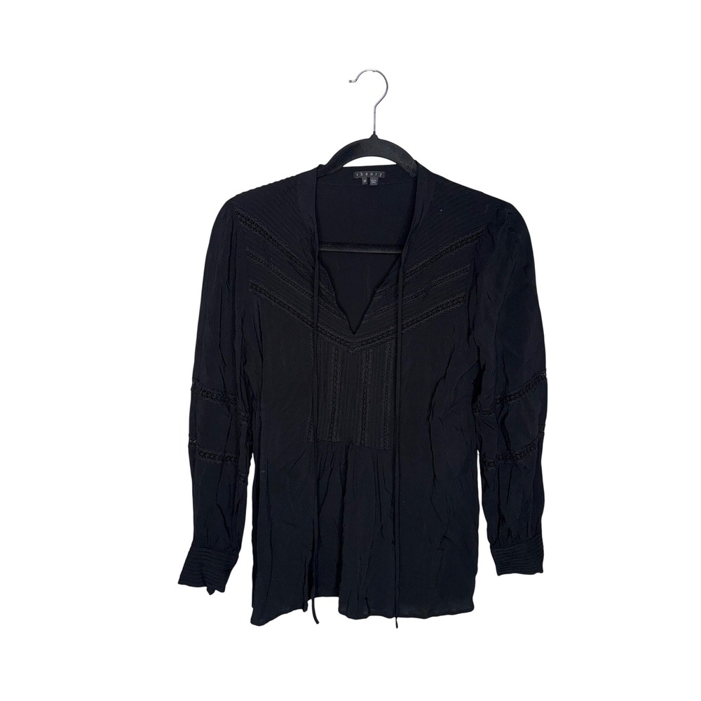 Theory Peasant Blouse Womens Size M Black Excellent Lace V-Neck Tie Front Top‎